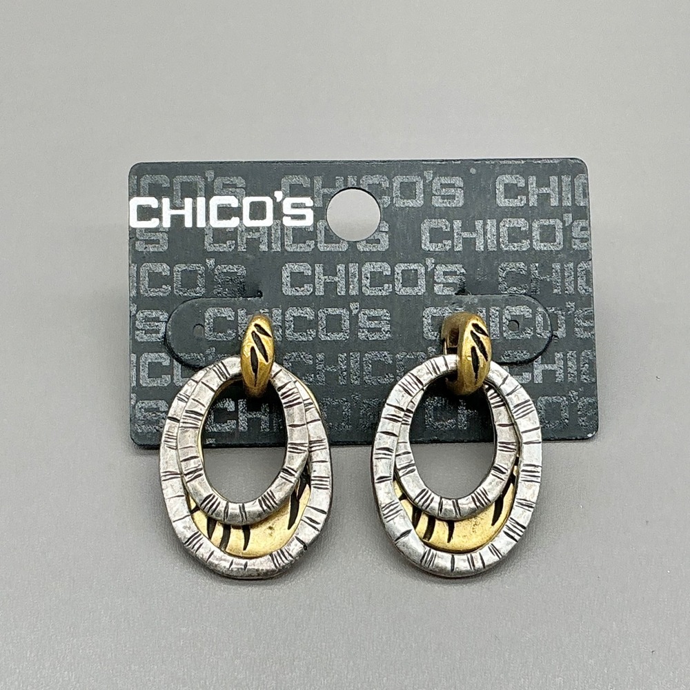 Chicos Earrings Womens Gold Silver Two Tone Textured Oval Double Hoop Dangle